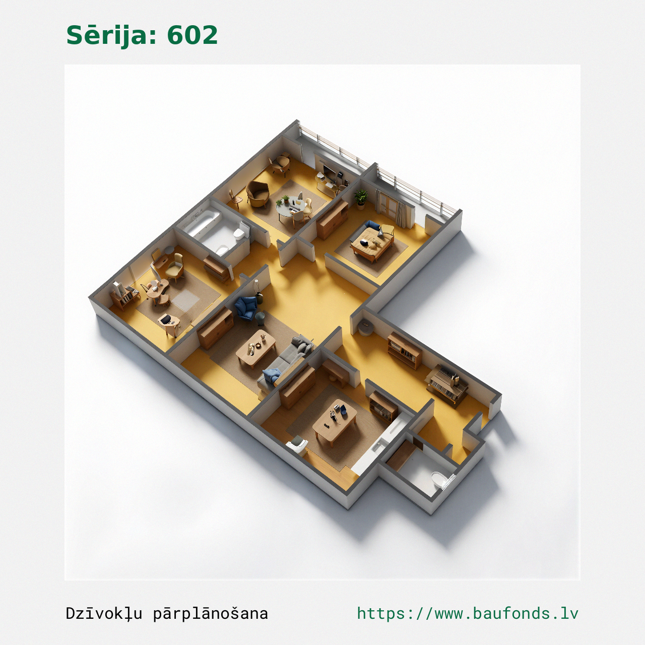 Four-bedroom apartment, Series 602 (602-D1/4). Area 50-75 m² / C