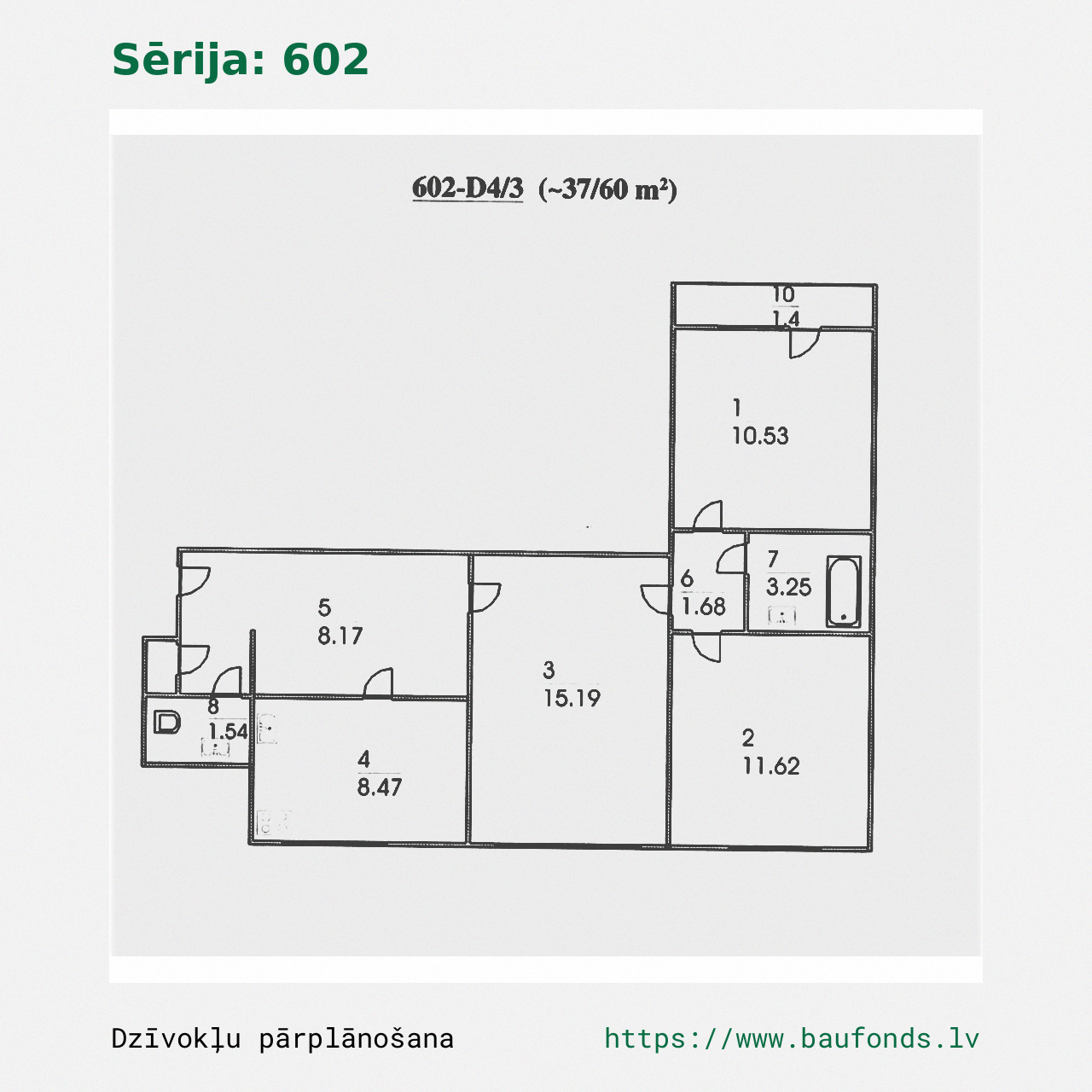 Three-bedroom apartment, Series 602 (602-D4/3). Area 37-60 m² / A