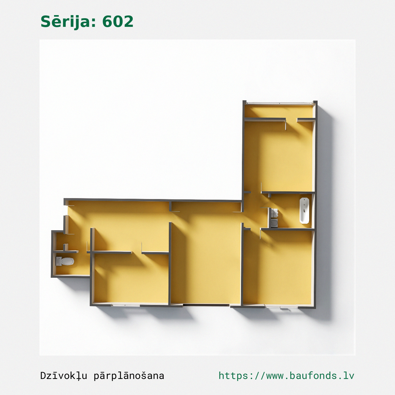 Three-bedroom apartment, Series 602 (602-D4/3). Area 37-60 m² / B