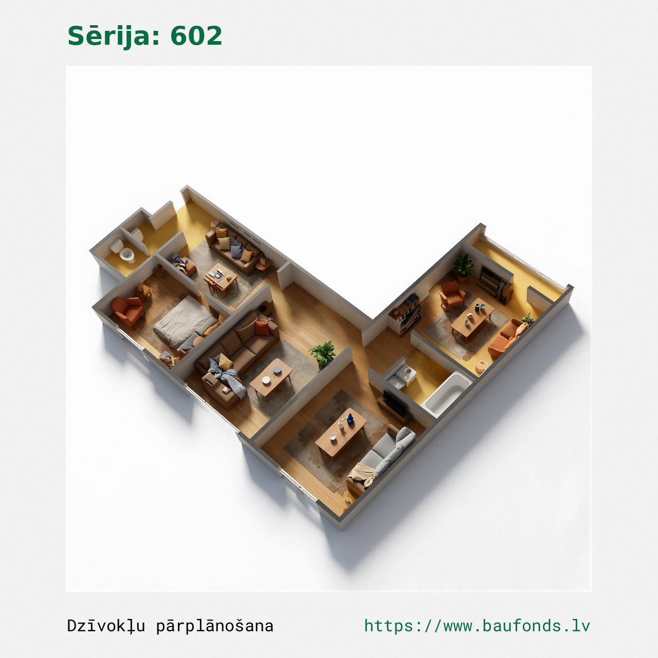 Three-bedroom apartment, Series 602 (602-D4/3). Area 37-60 m² / C