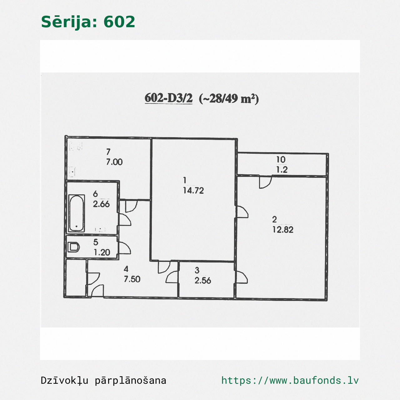 Two-bedroom apartment, Series 602 (602-D3/2). Area 28-49 m² / A