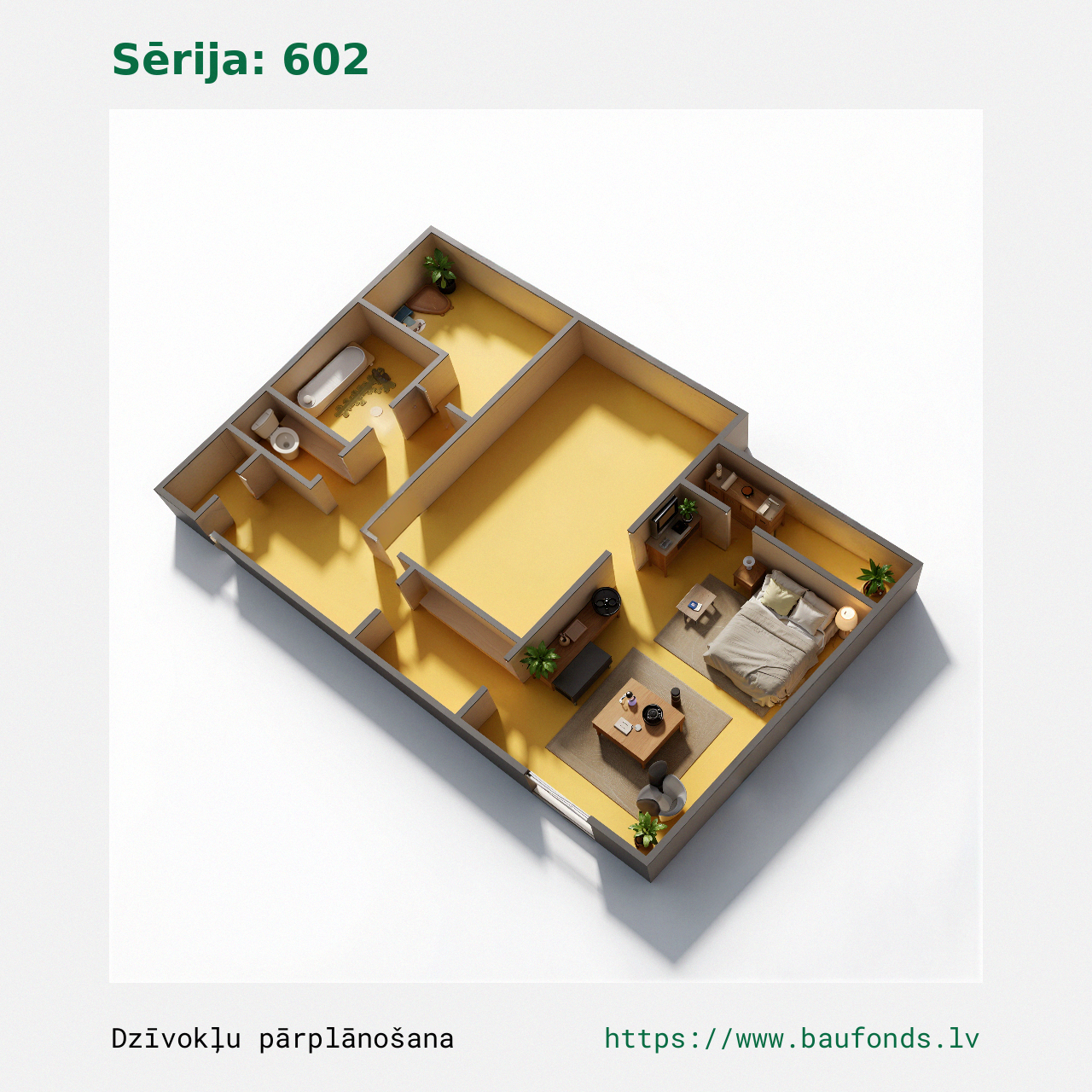 Two-bedroom apartment, Series 602 (602-D3/2). Area 28-49 m² / C
