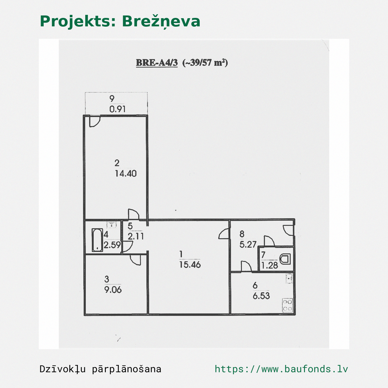 Trijų kambarių butas, Brežnevka (BRE-A4/3). Plotas 39-57 m² / A