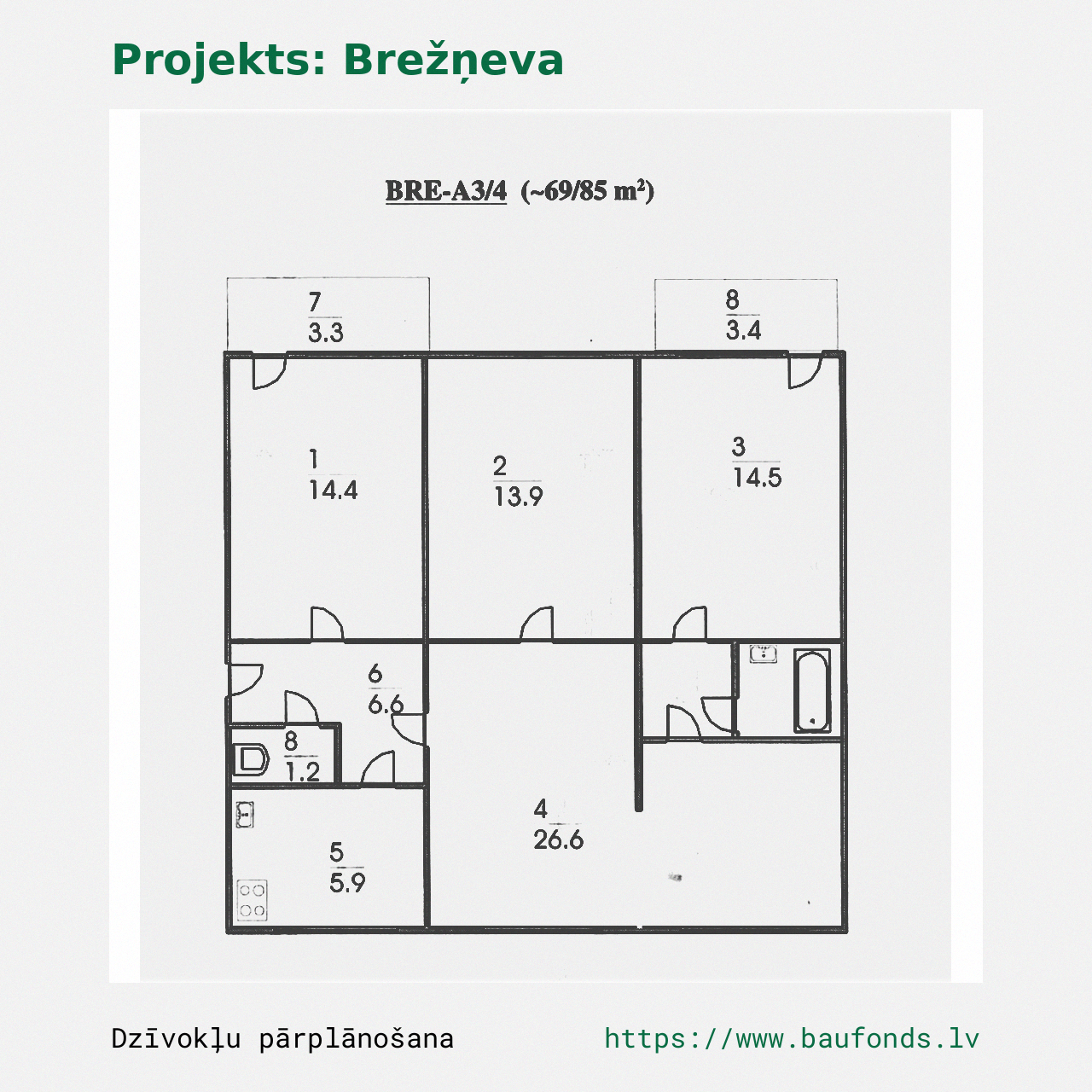 Four-bedroom apartment, Brezhnevka (BRE-A3/4). Area 69-85 m² / A