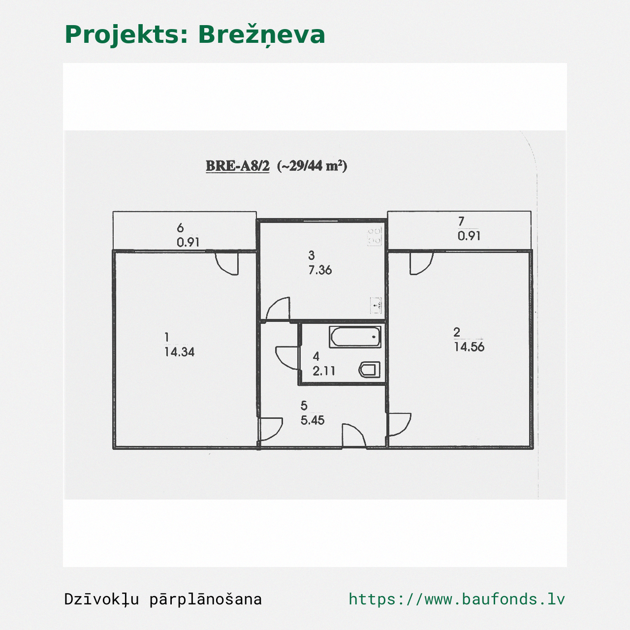 Dviejų kambarių butas, Brežnevka (BRE-A8/2). Plotas 29-44 m² / A