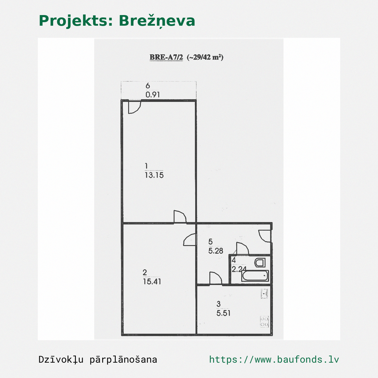 Dviejų kambarių butas, Brežnevka (BRE-A7/2). Plotas 29-42 m² / A