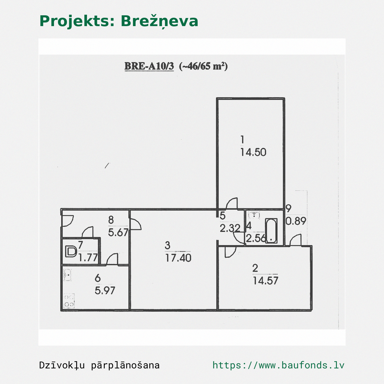 Trijų kambarių butas, Brežnevka (BRE-A10/3). Plotas 46-65 m² / A