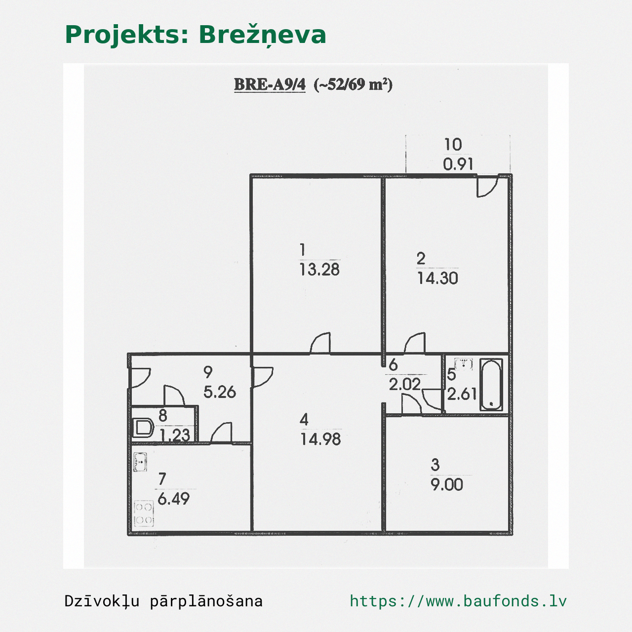 Four-bedroom apartment, Brezhnevka (BRE-A9/4). Area 52-69 m² / A