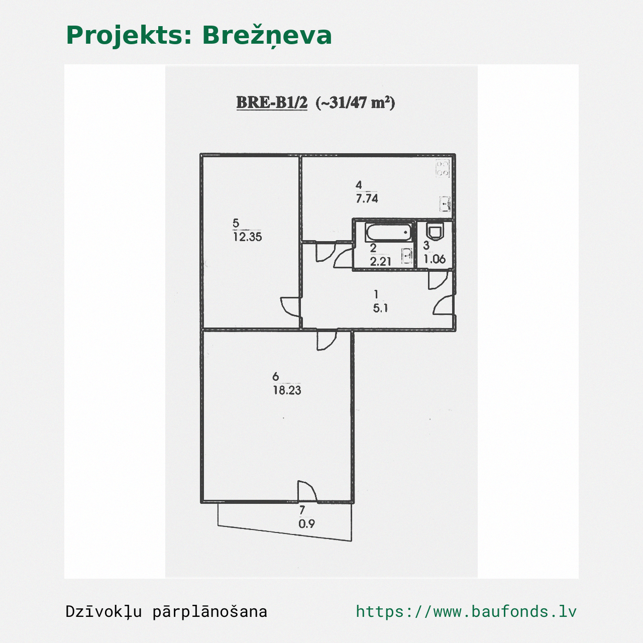 Dviejų kambarių butas, Brežnevka (BRE-B1/2). Plotas 31-47 m² / A