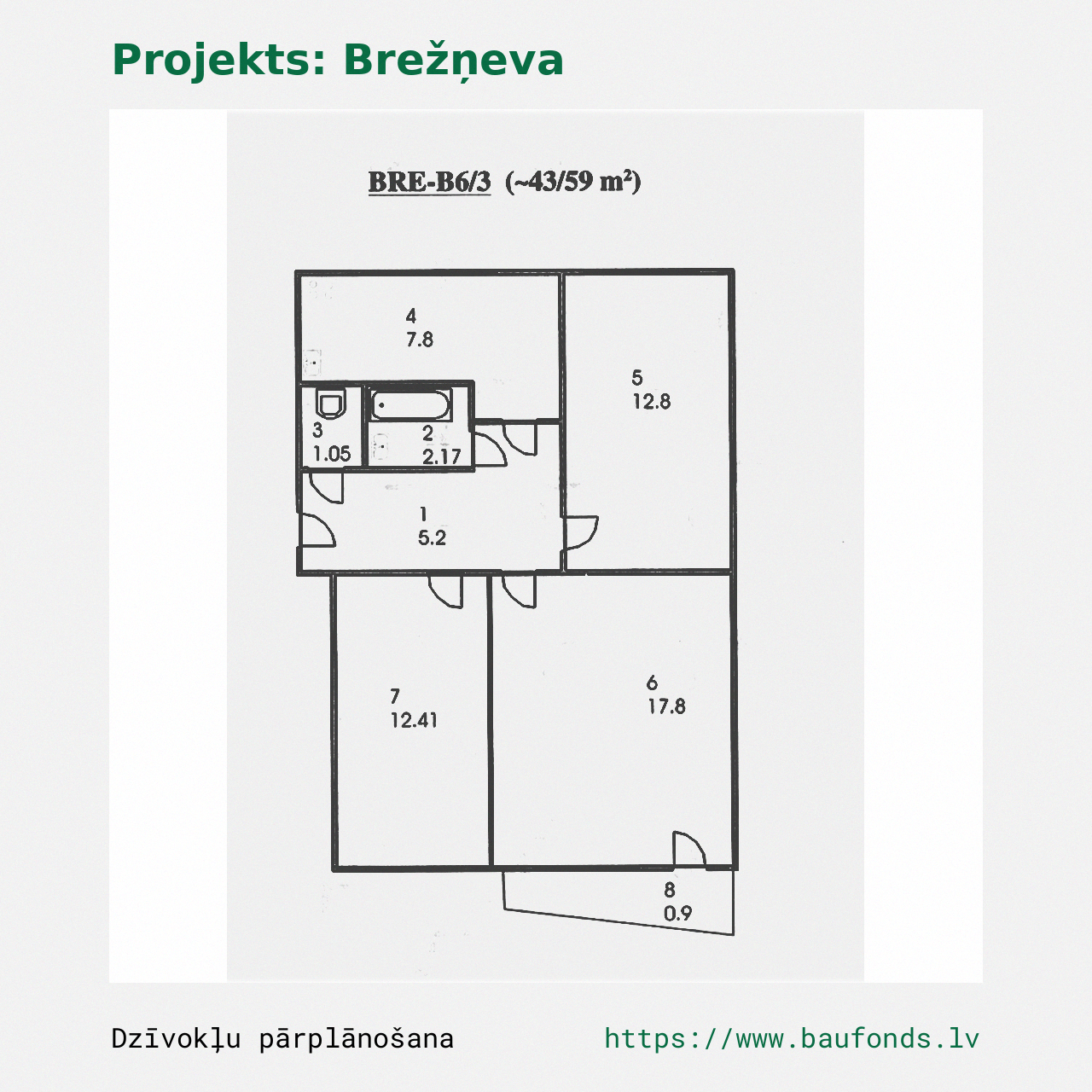 Trijų kambarių butas, Brežnevka (BRE-B6/3). Plotas 43-59 m² / A