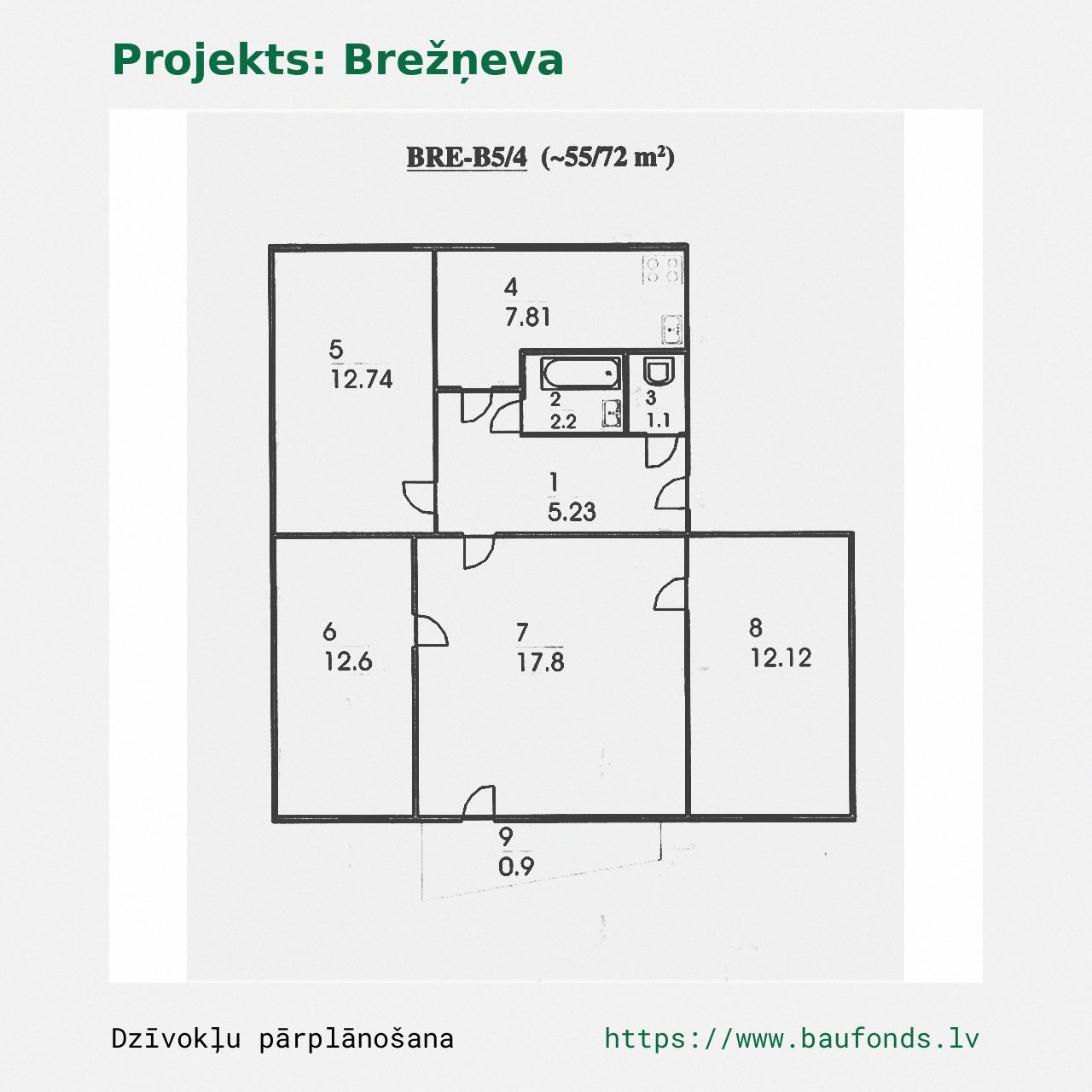 Four-bedroom apartment, Brezhnevka (BRE-B5/4). Area 55-72 m² / A
