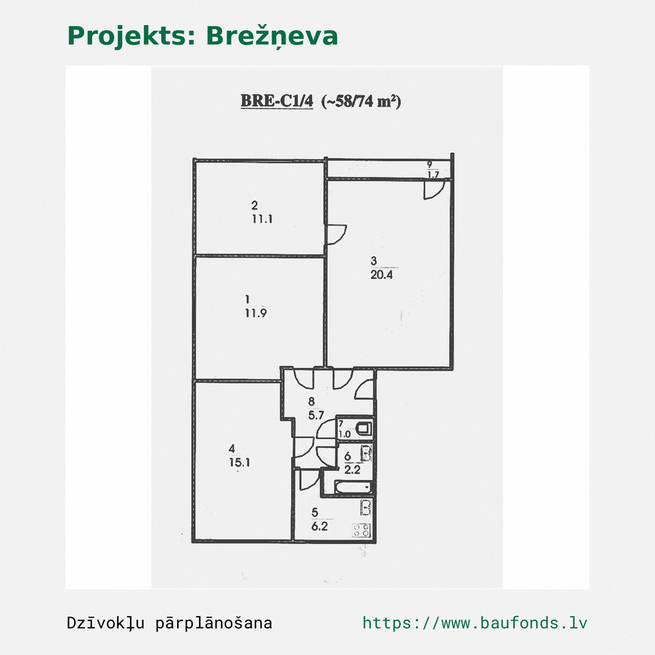 Four-bedroom apartment, Brezhnevka (BRE-C1/4). Area 58-74 m² / A