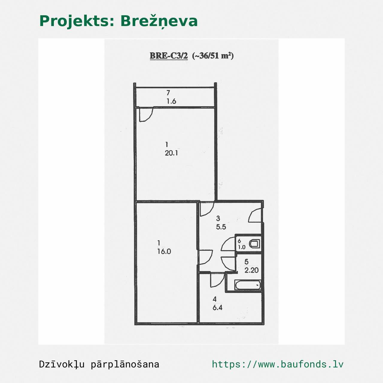 Dviejų kambarių butas, Brežnevka (BRE-C3/2). Plotas 36-51 m² / A
