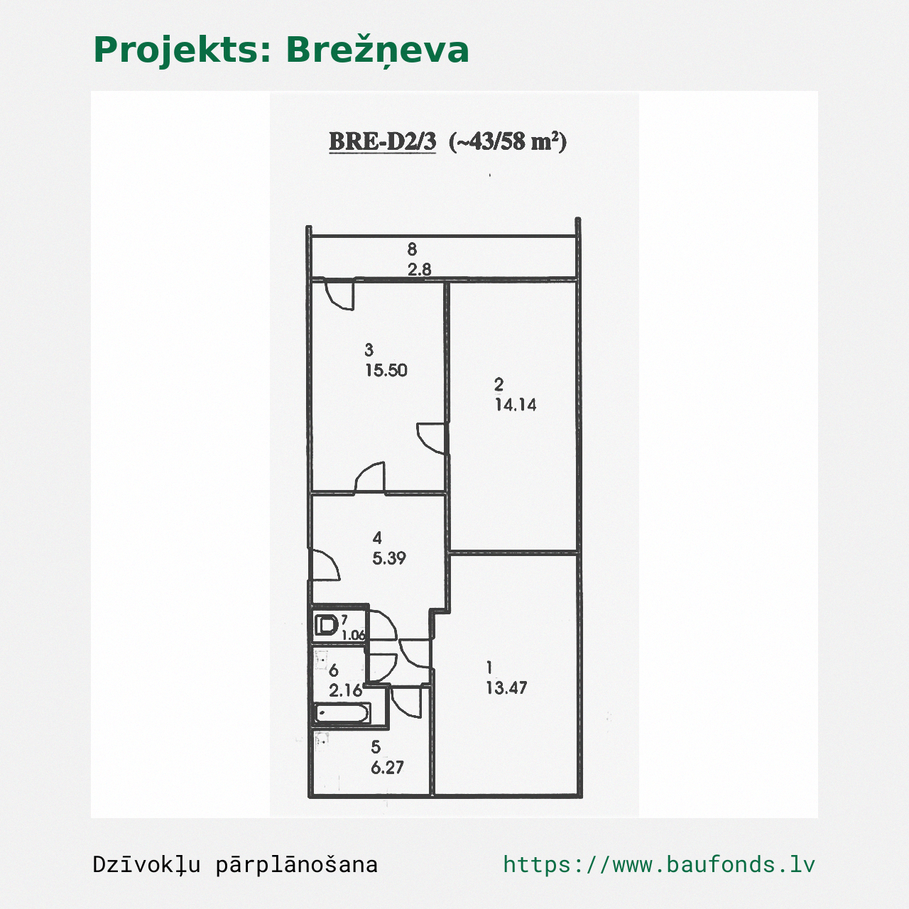 Trijų kambarių butas, Brežnevka (BRE-D2/3). Plotas 43-58 m² / A