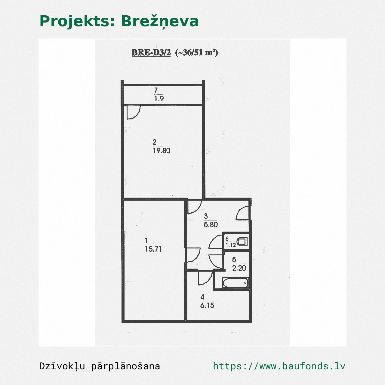 Dviejų kambarių butas, Brežnevka (BRE-D3/2). Plotas 36-51 m² / A