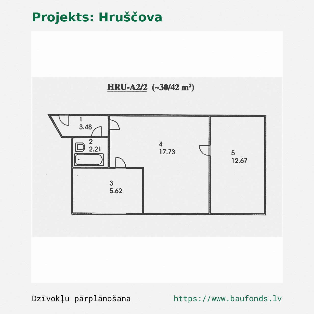 Two-bedroom apartment, Khrushchyovka (HRU-A2/2). Area 30-42 m² / A