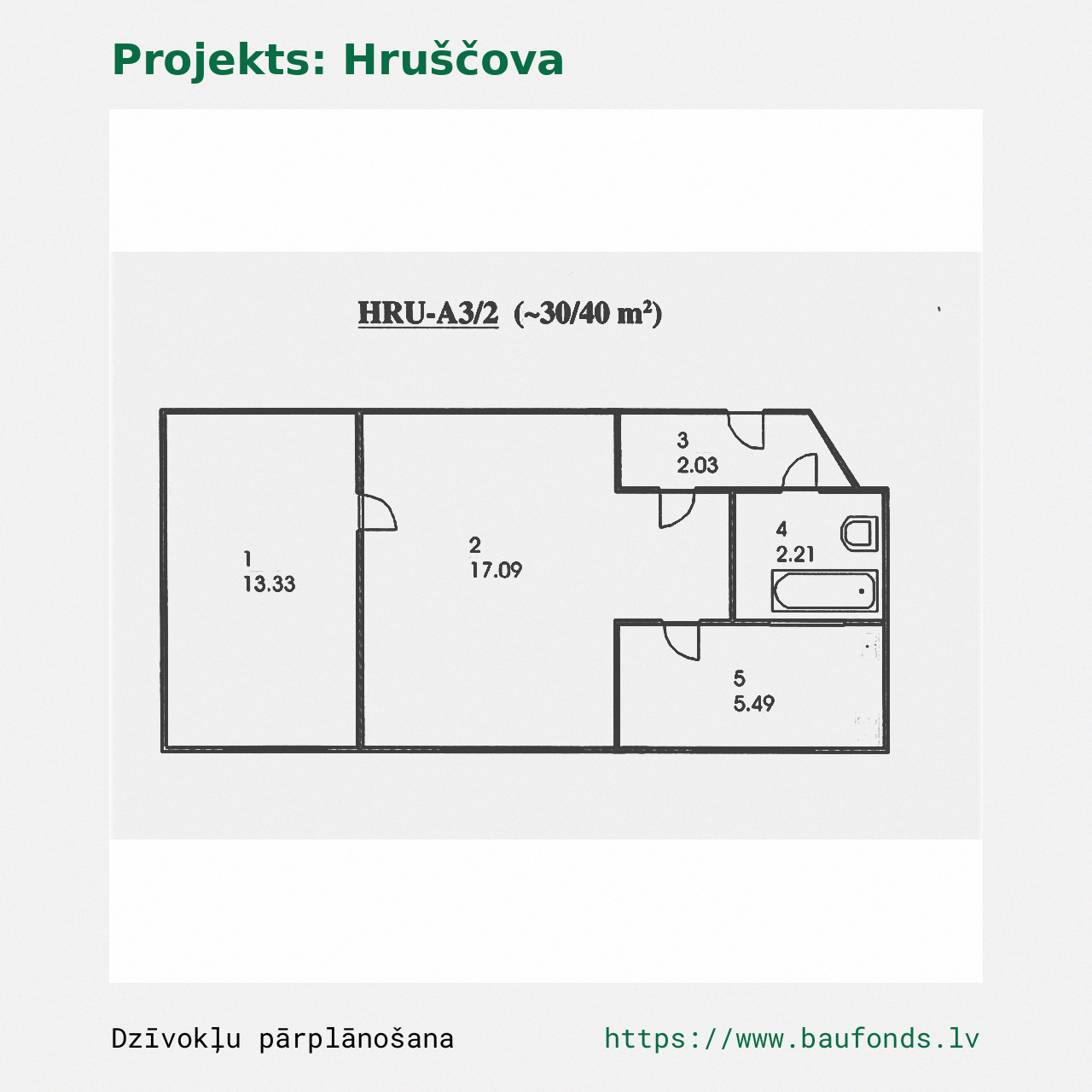 Two-bedroom apartment, Khrushchyovka (HRU-A3/2). Area 30-40 m² / A