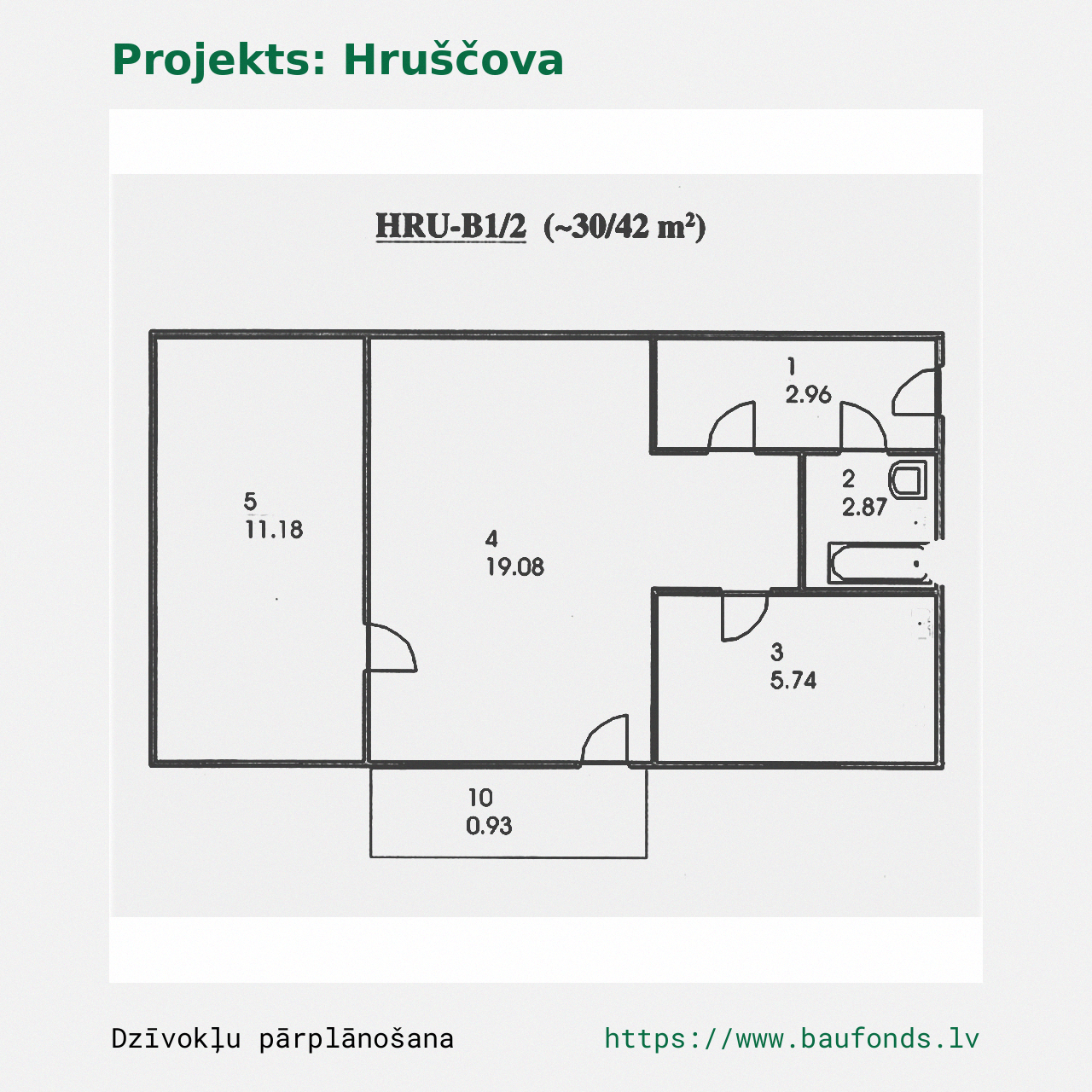 Two-bedroom apartment, Khrushchyovka (HRU-B1/2). Area 30-42 m² / A