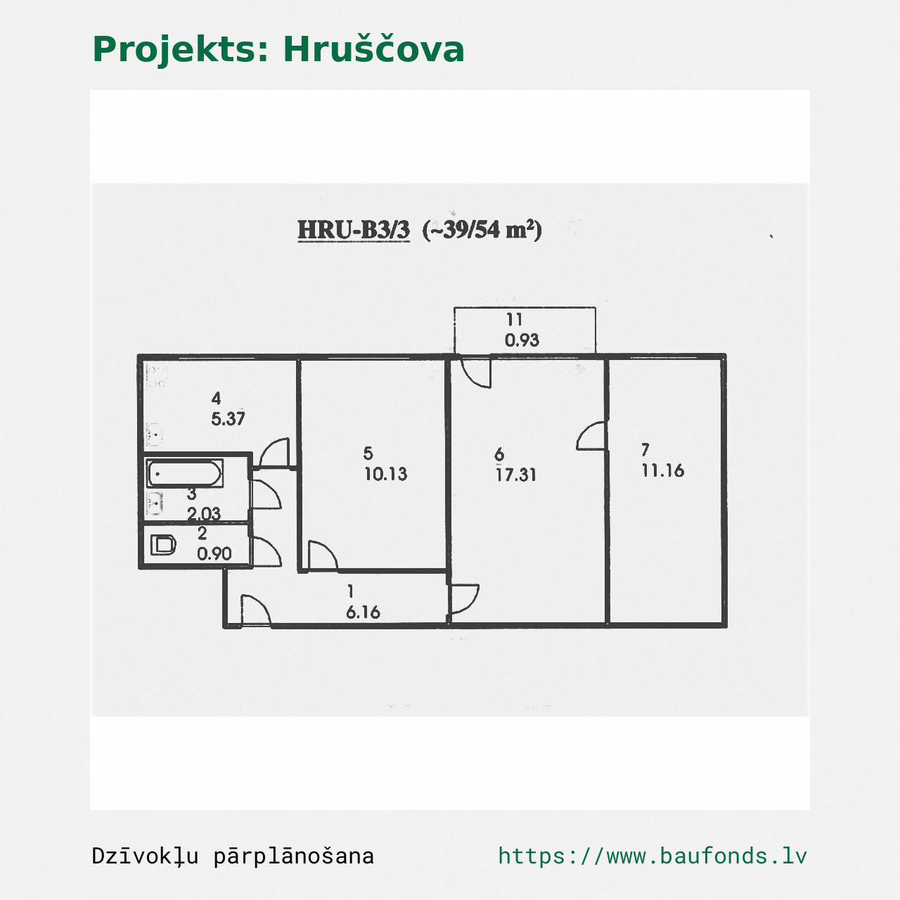 Three-bedroom apartment, Khrushchyovka (HRU-B3/3). Area 39-54 m² / A