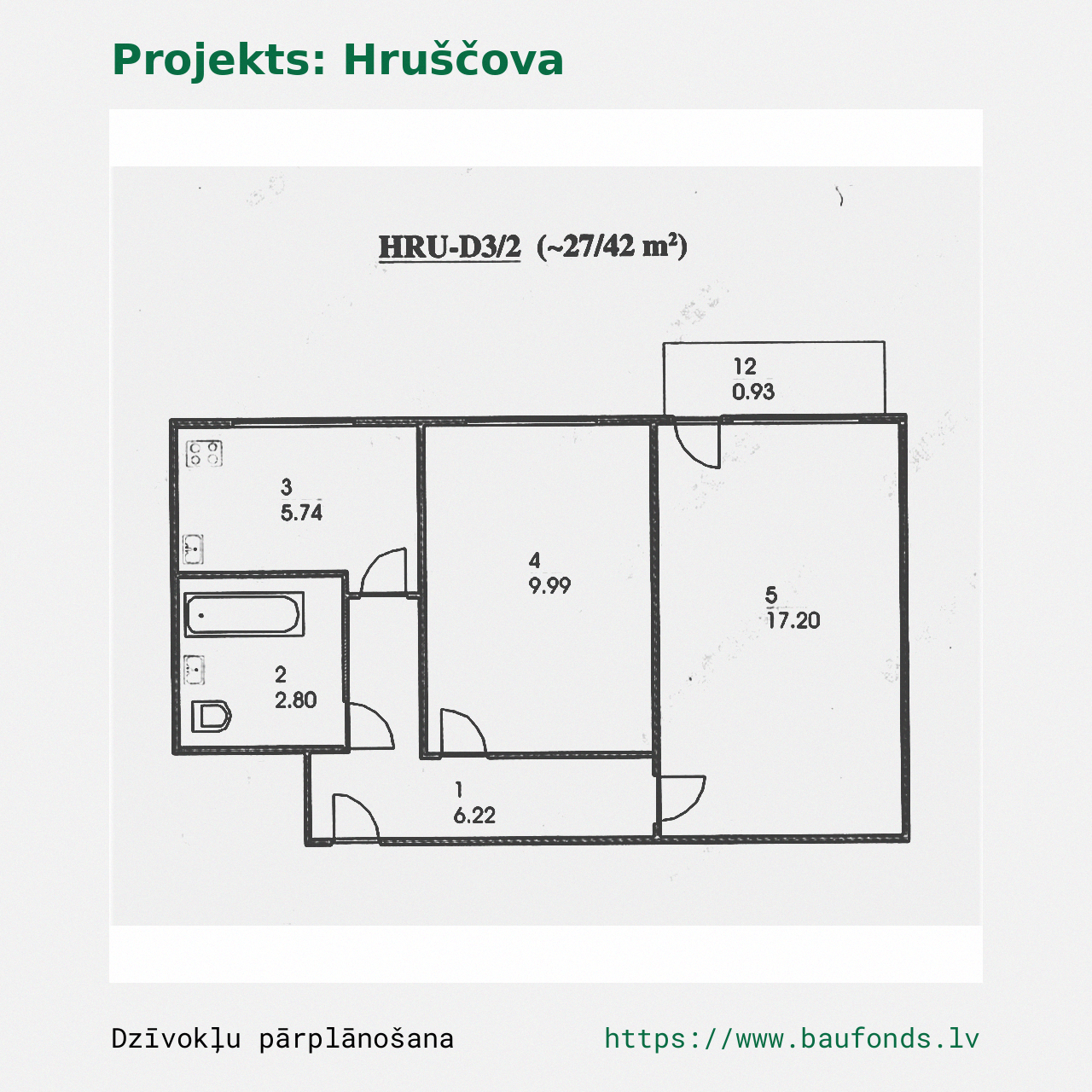 Two-bedroom apartment, Khrushchyovka (HRU-D3/2). Area 27-42 m² / A
