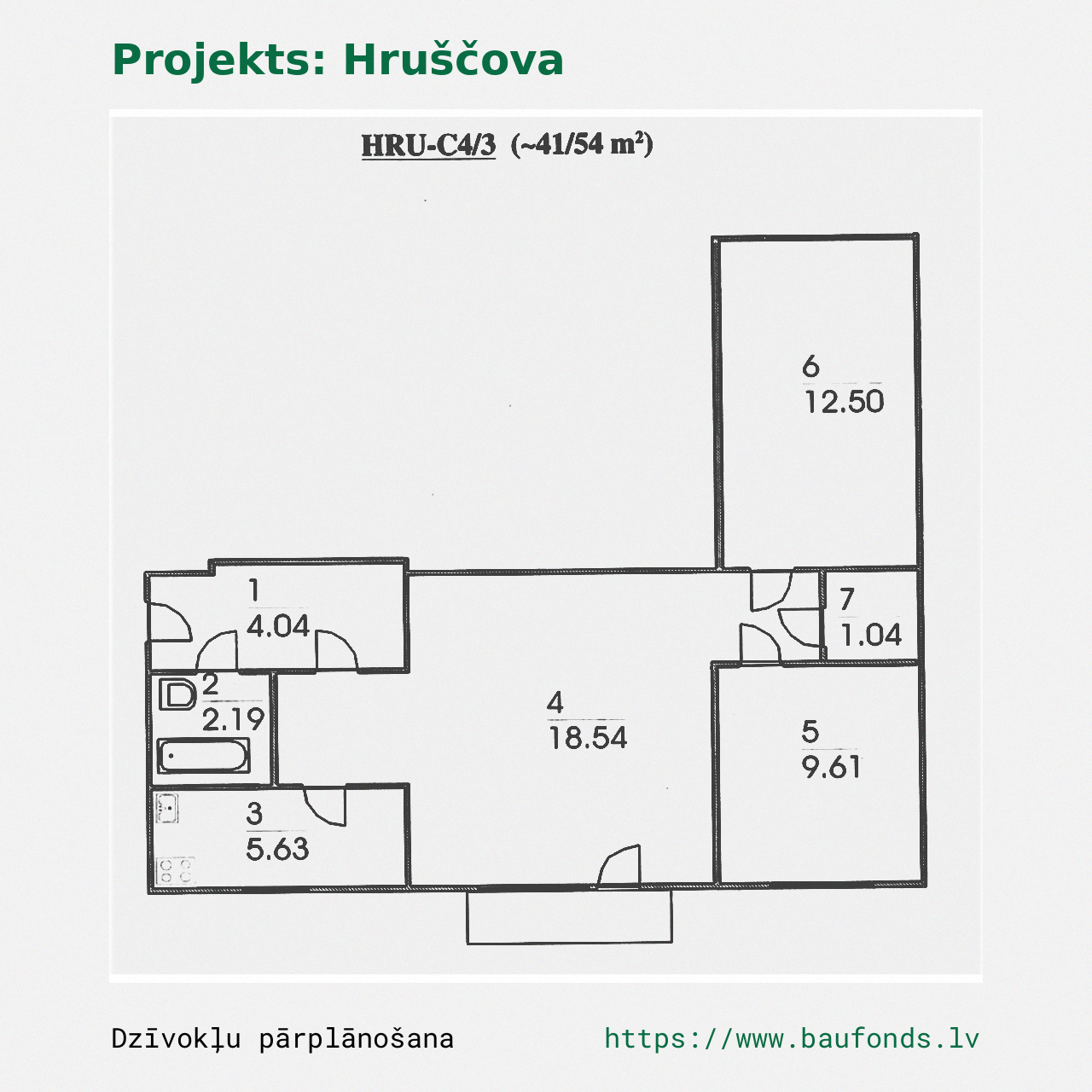 Three-bedroom apartment, Khrushchyovka (HRU-C4/3). Area 41-54 m² / A