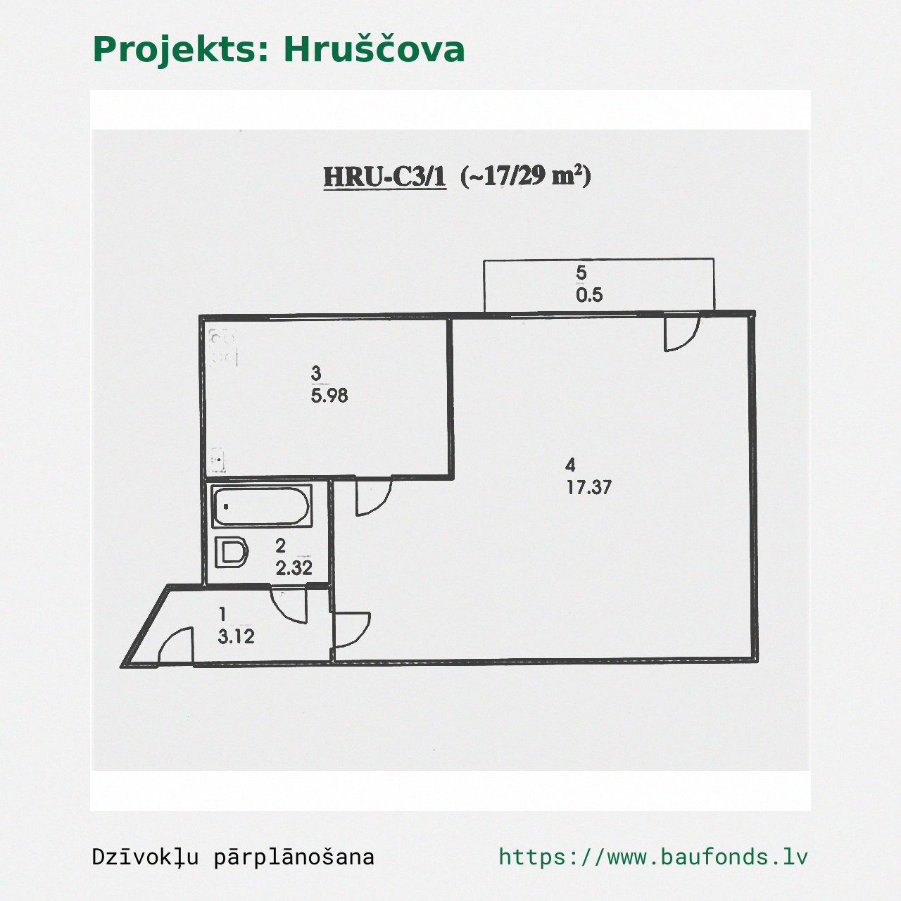 One-bedroom apartment, Khrushchyovka (HRU-C3/1). Area 17-29 m² / A