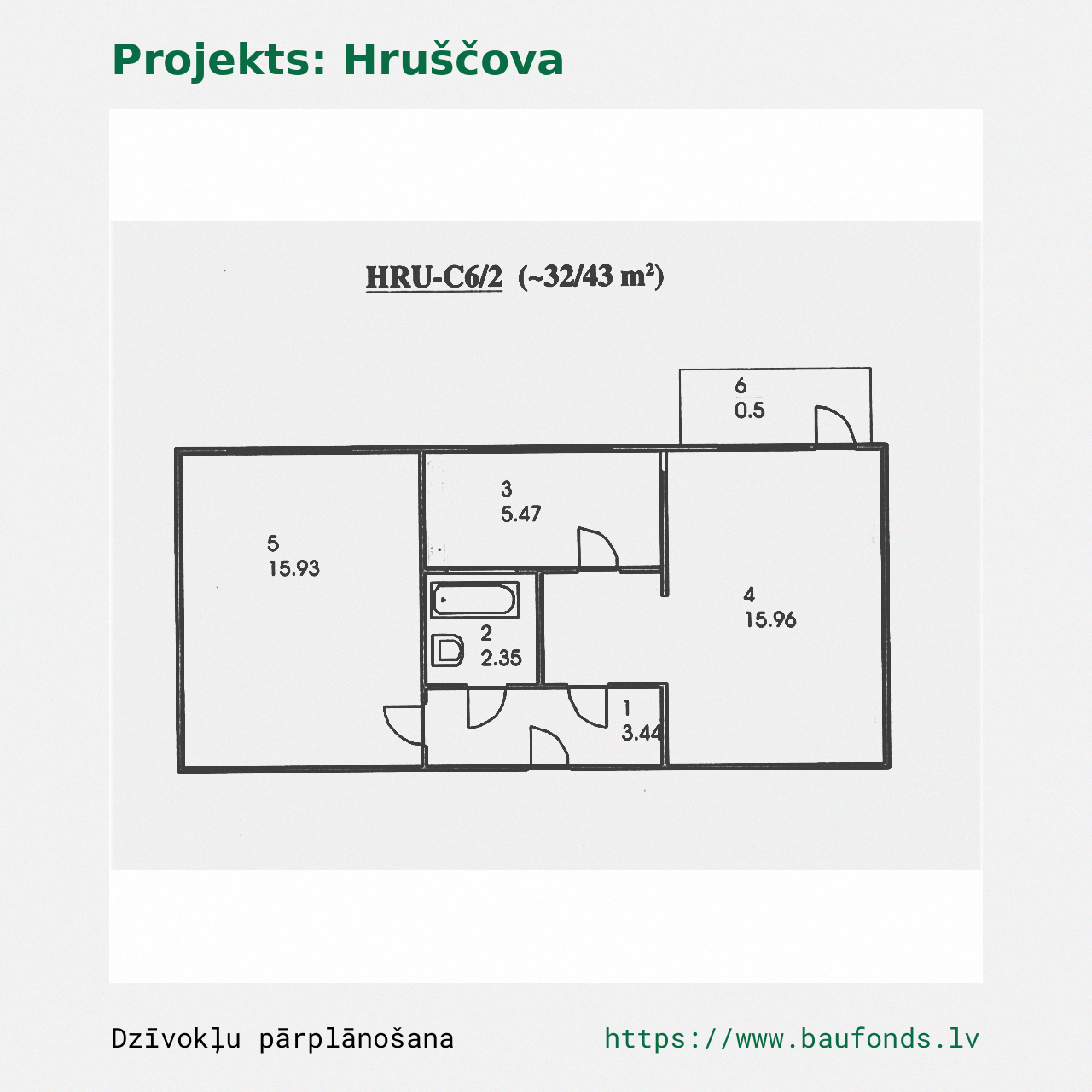Two-bedroom apartment, Khrushchyovka (HRU-C6/2). Area 32-43 m² / A