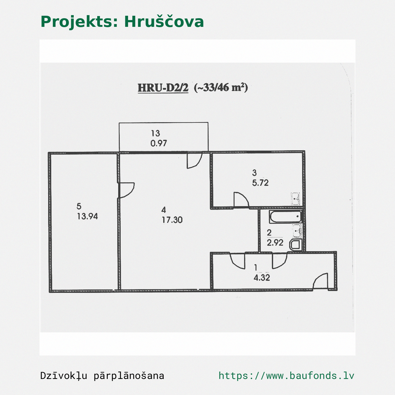 Two-bedroom apartment, Khrushchyovka (HRU-D2/2). Area 33-46 m² / A