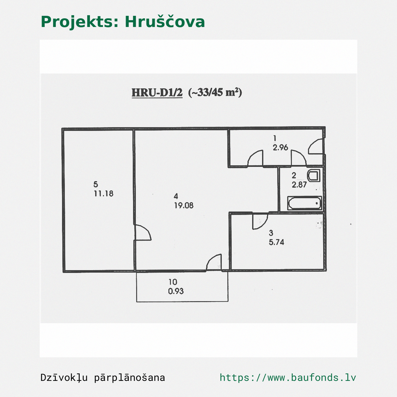 Two-bedroom apartment, Khrushchyovka (HRU-D1/2). Area 33-45 m² / A