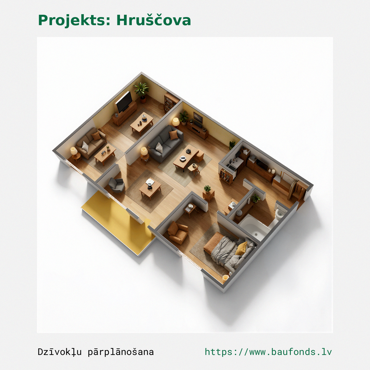 Two-bedroom apartment, Khrushchyovka (HRU-D1/2). Area 33-45 m² / C