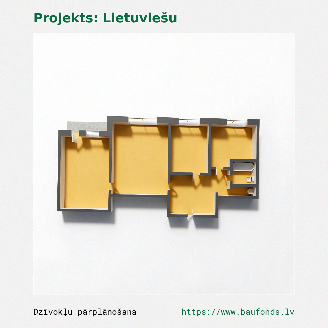 Trijų kambarių butas, Lietuviškas projektas (LIT-A2/3). Plotas 38-53 m² / B