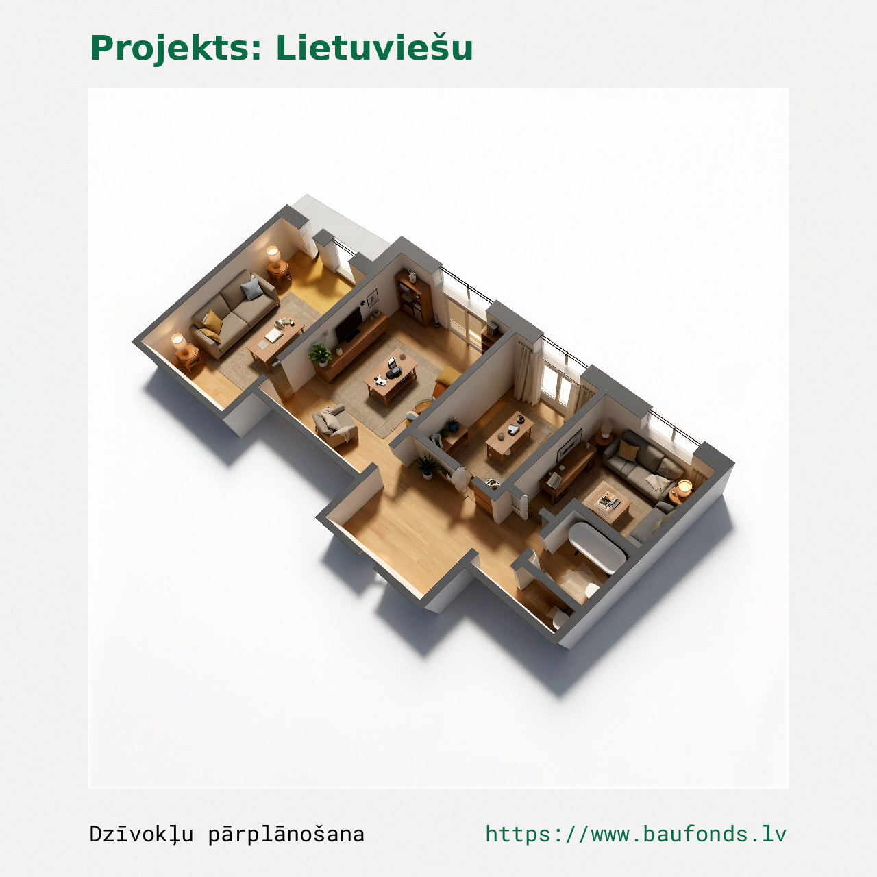 Trijų kambarių butas, Lietuviškas projektas (LIT-A2/3). Plotas 38-53 m² / C