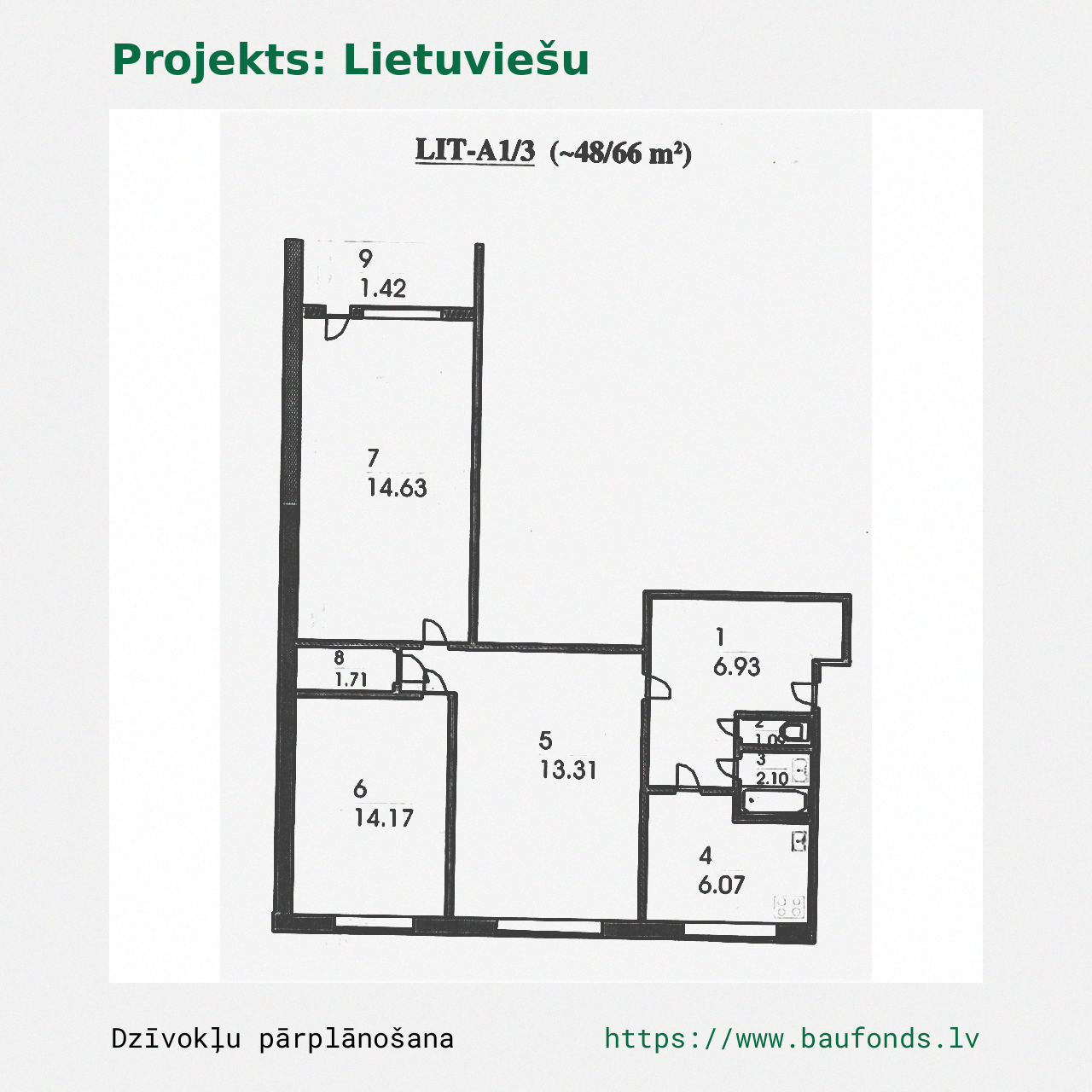 Three-bedroom apartment, Lithuanian Project (LIT-A1/3). Area 48-66 m² / A