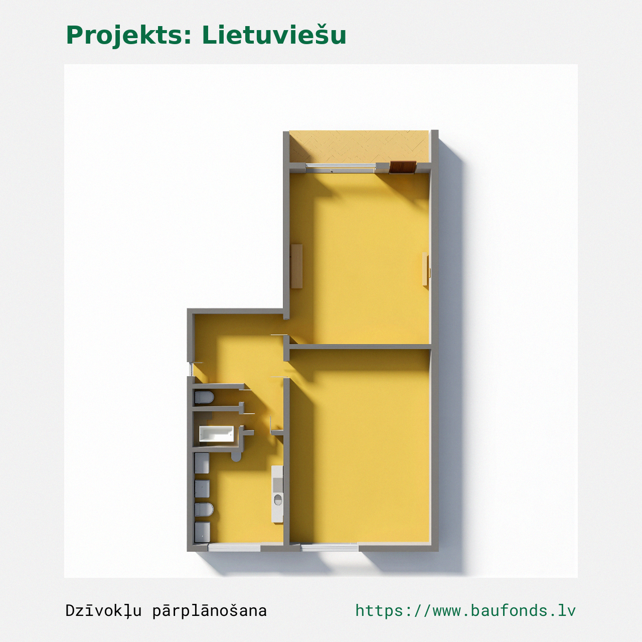 Dviejų kambarių butas, Lietuviškas projektas (LIT-A3/2). Plotas 32-48 m² / B