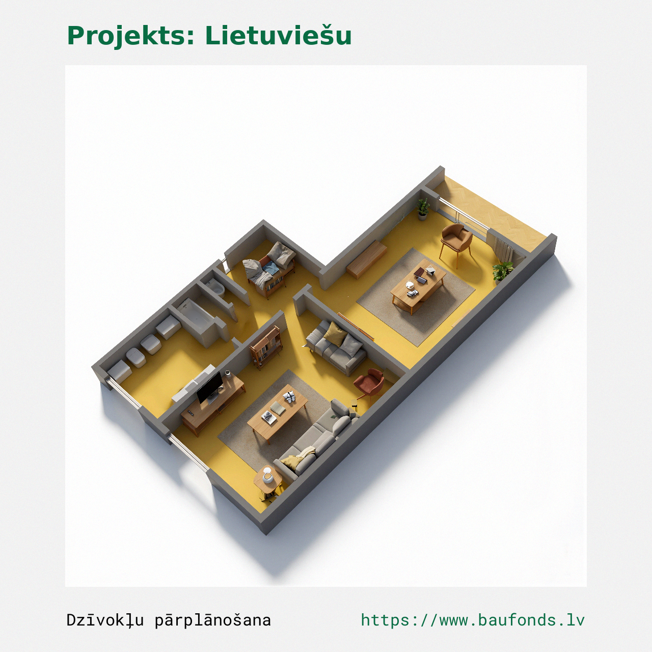 Dviejų kambarių butas, Lietuviškas projektas (LIT-A3/2). Plotas 32-48 m² / C