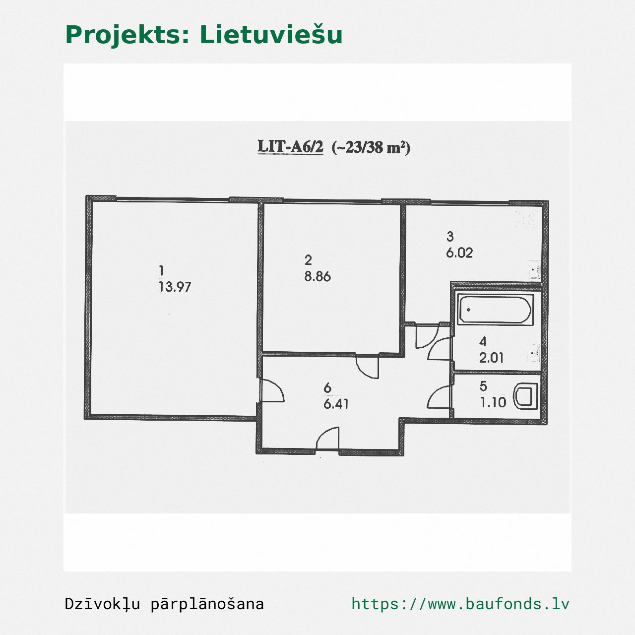 Two-bedroom apartment, Lithuanian Project (LIT-A6/2). Area 23-38 m² / A