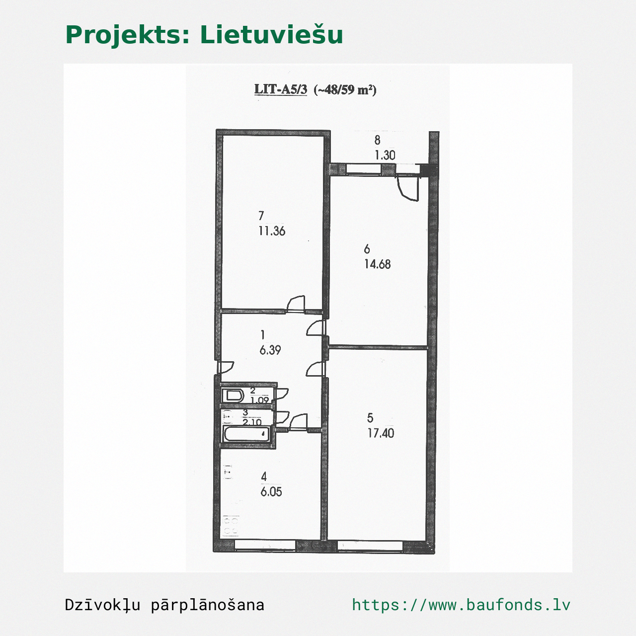 Three-bedroom apartment, Lithuanian Project (LIT-A5/3). Area 48-59 m² / A
