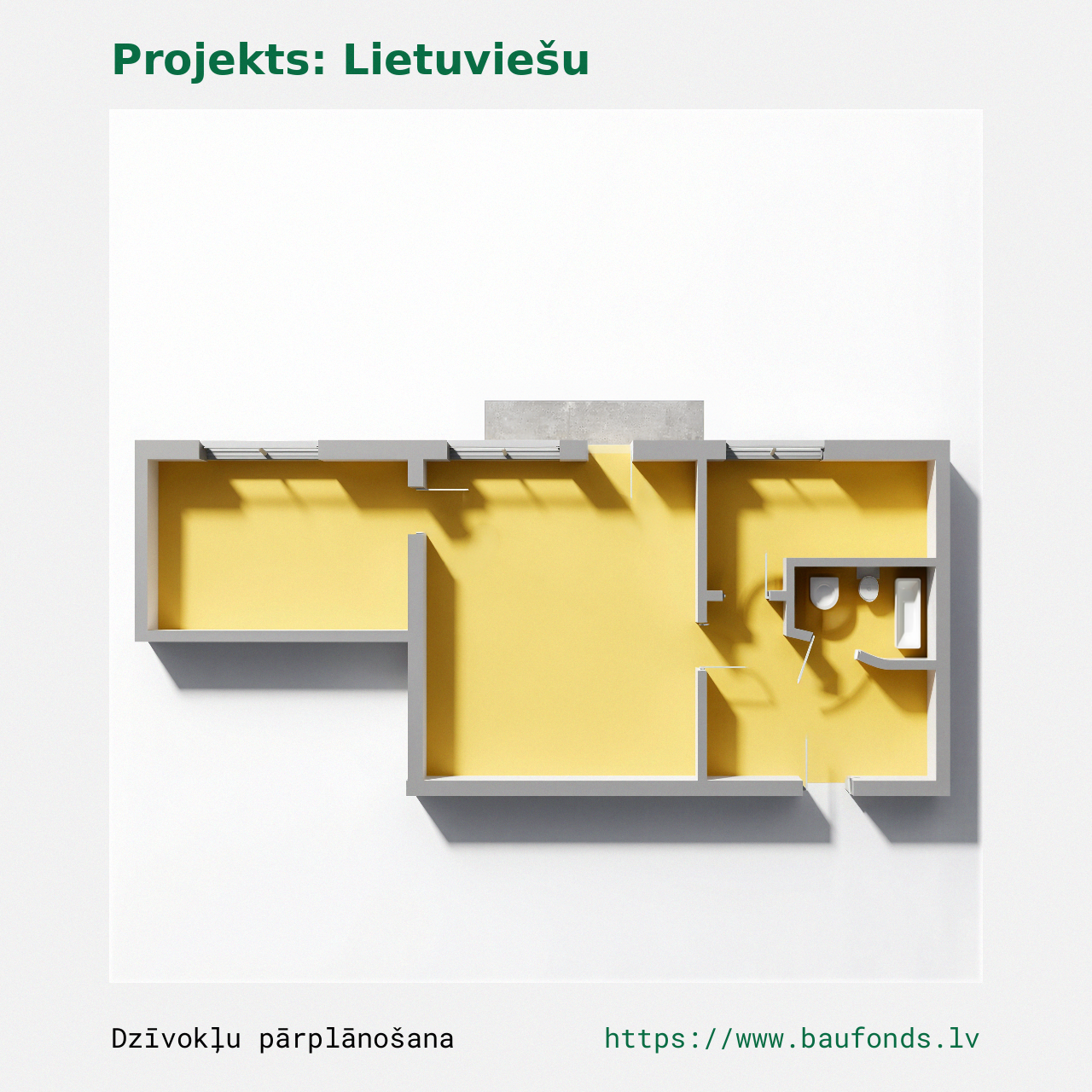 Dviejų kambarių butas, Lietuviškas projektas (LIT-B2/2). Plotas 24-36 m² / B