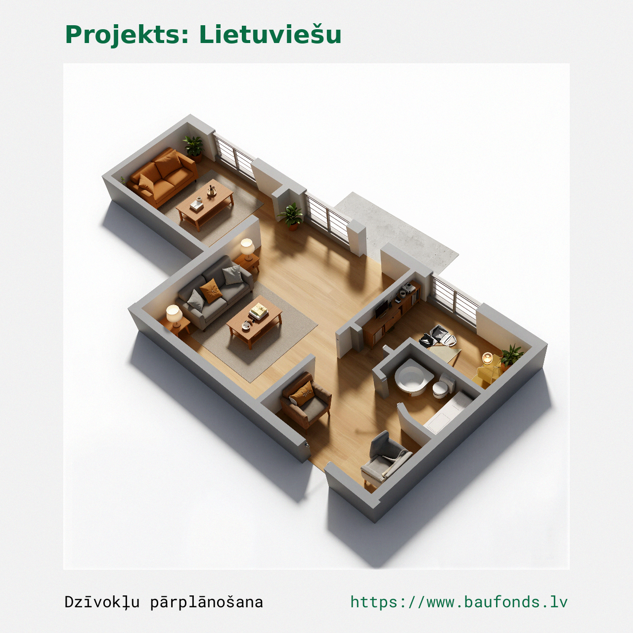 Dviejų kambarių butas, Lietuviškas projektas (LIT-B2/2). Plotas 24-36 m² / C