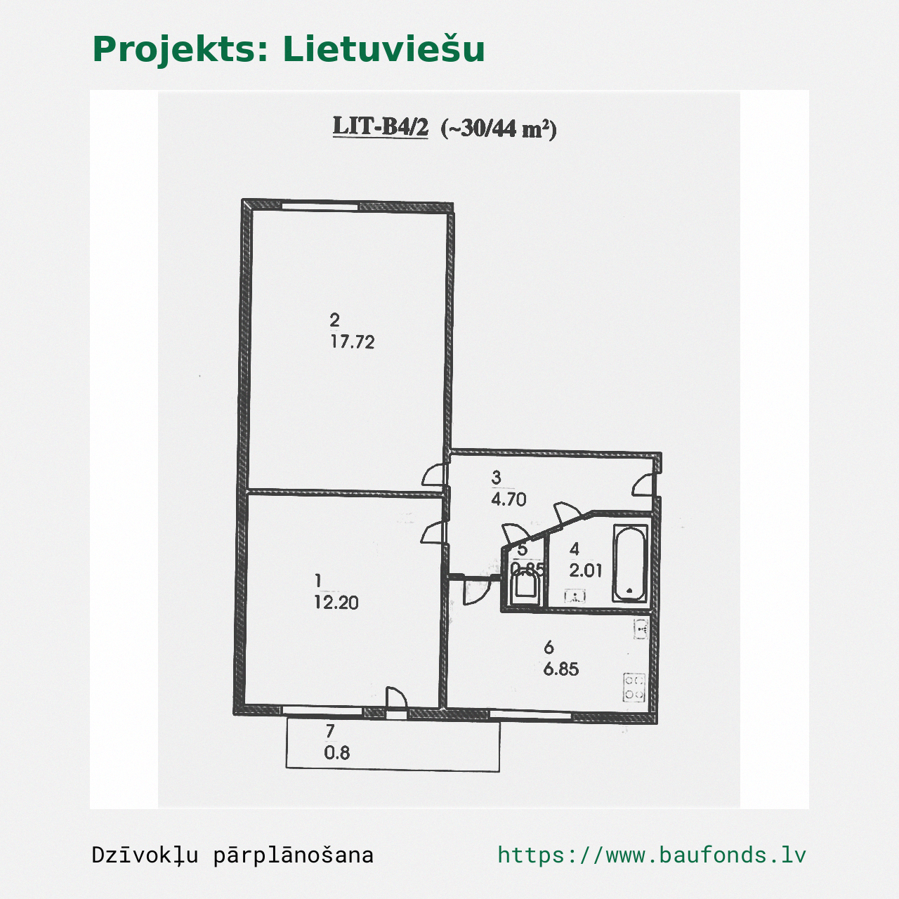 Dviejų kambarių butas, Lietuviškas projektas (LIT-B4/2). Plotas 30-44 m² / A