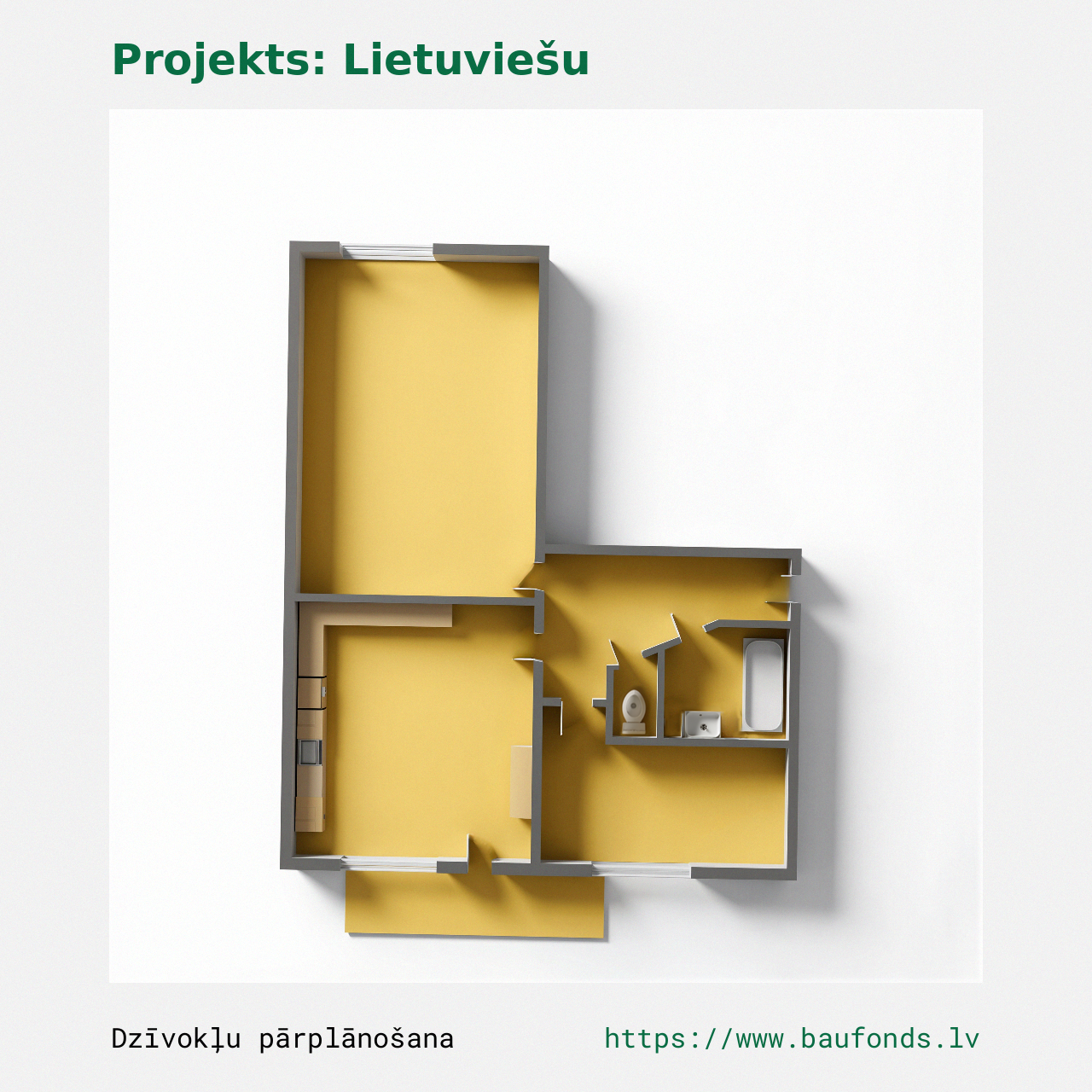 Dviejų kambarių butas, Lietuviškas projektas (LIT-B4/2). Plotas 30-44 m² / B