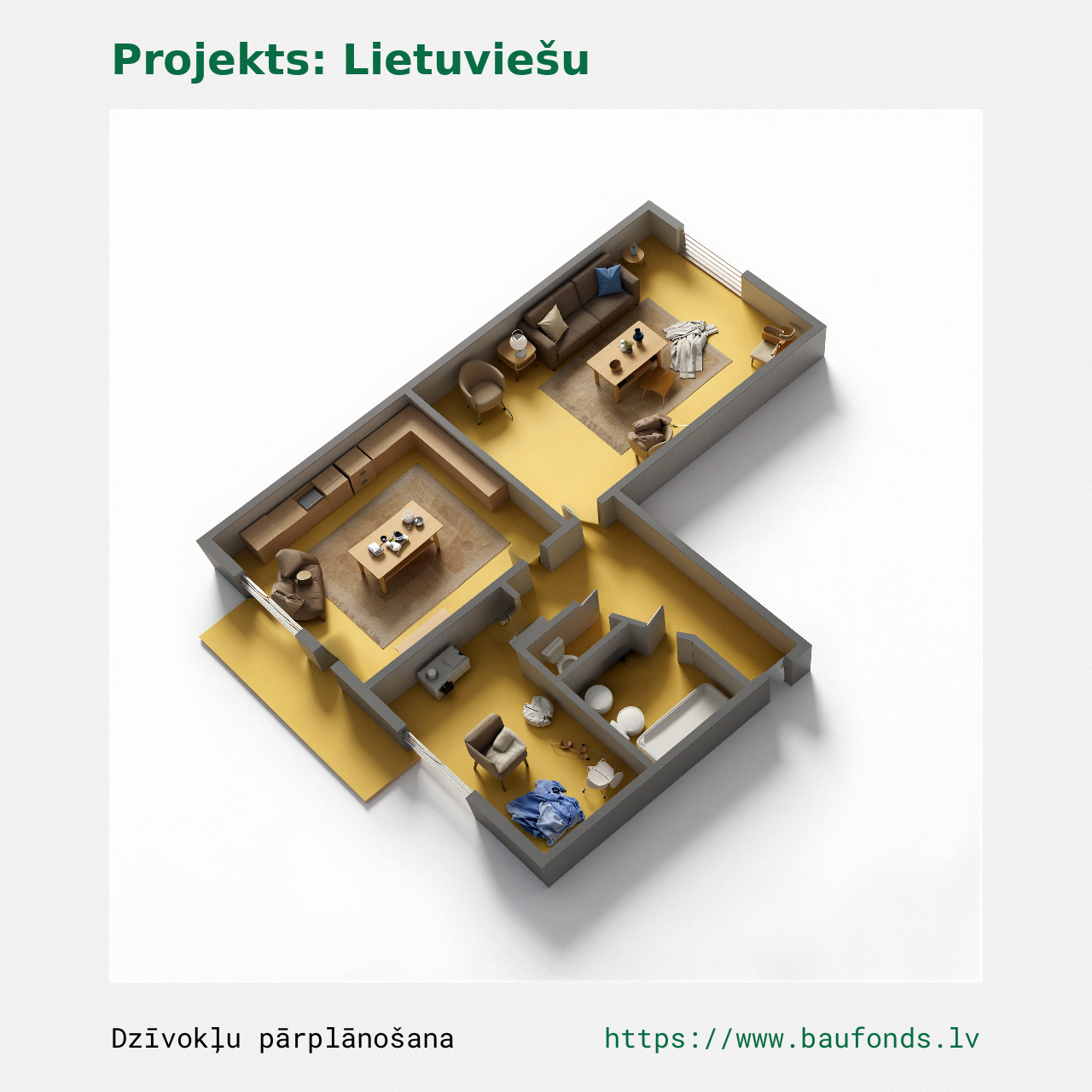 Dviejų kambarių butas, Lietuviškas projektas (LIT-B4/2). Plotas 30-44 m² / C