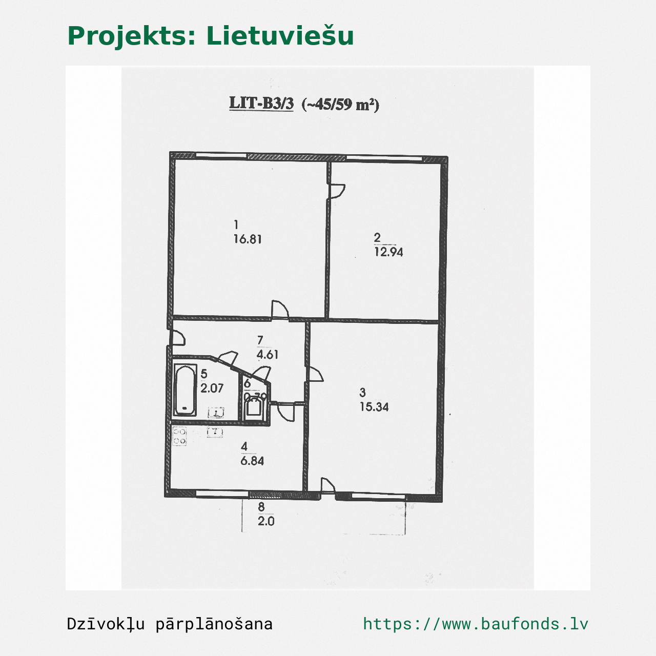 Three-bedroom apartment, Lithuanian Project (LIT-B3/3). Area 45-59 m² / A