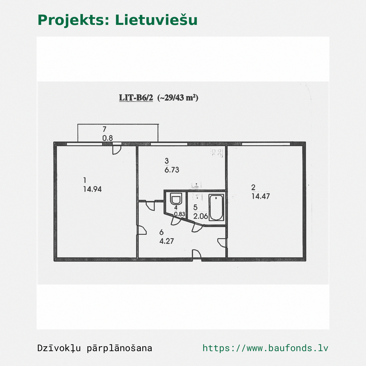 Two-bedroom apartment, Lithuanian Project (LIT-B6/2). Area 29-43 m² / A