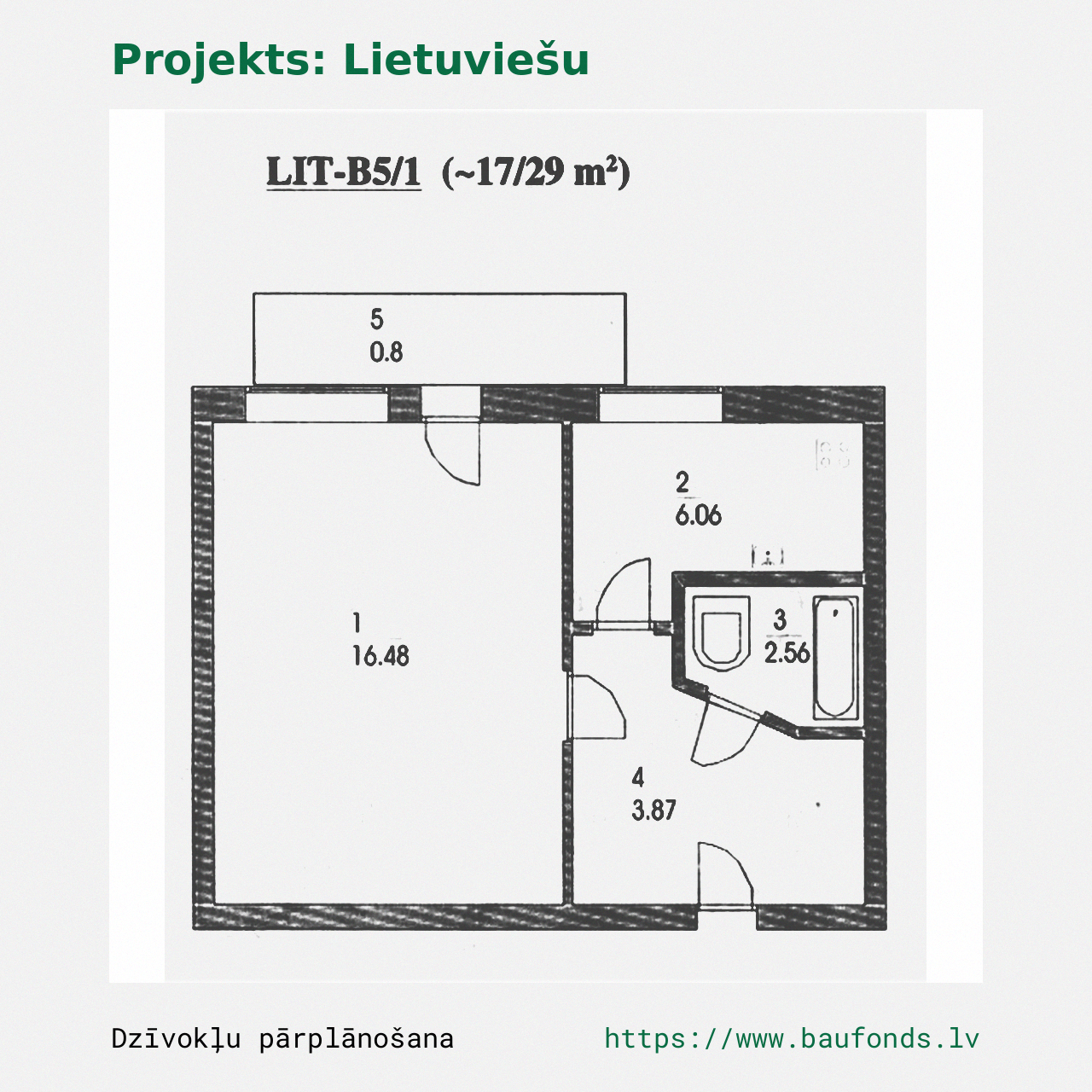 One-bedroom apartment, Lithuanian Project (LIT-B5/1). Area 17-29 m² / A