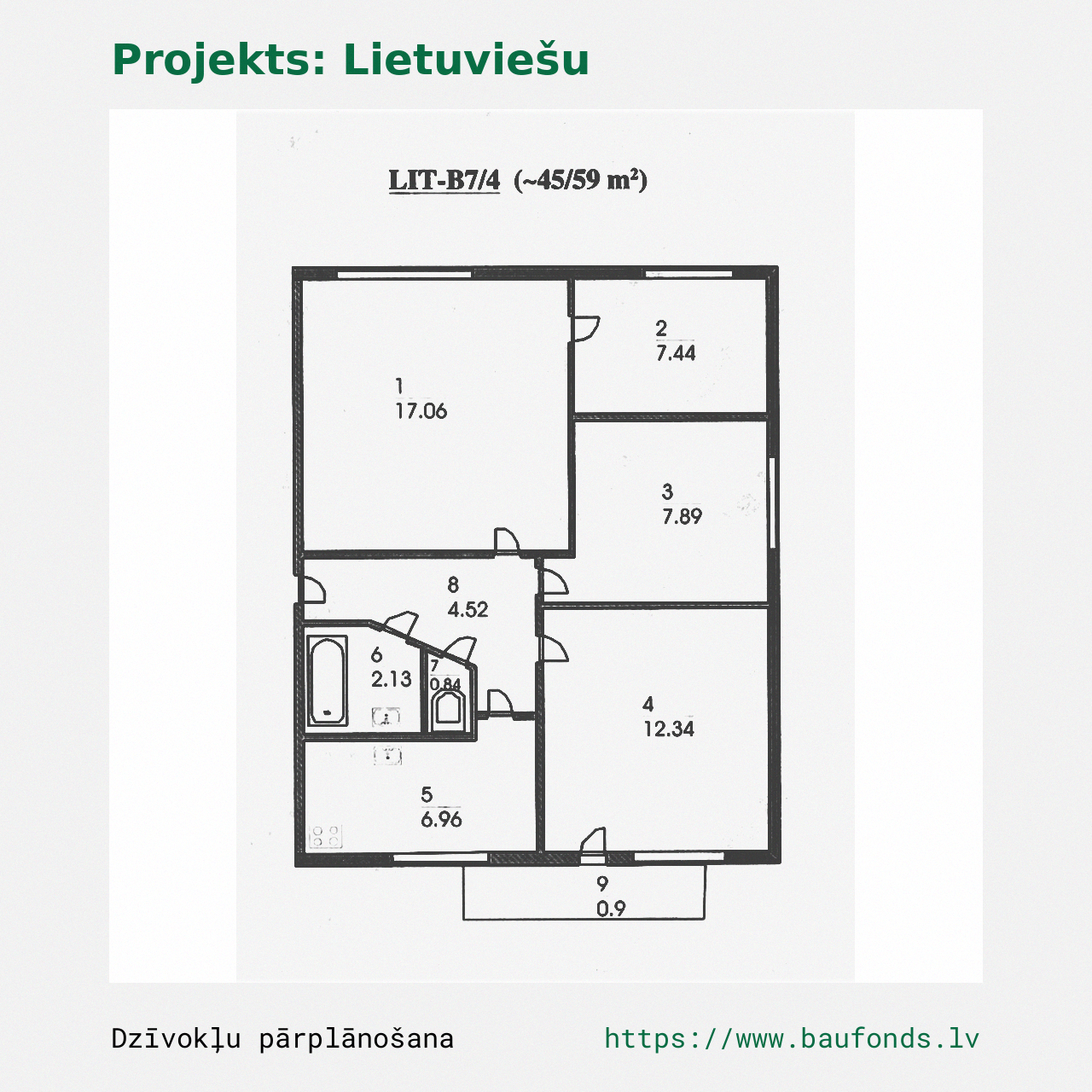 Four-bedroom apartment, Lithuanian Project (LIT-B7/4). Area 45-59 m² / A