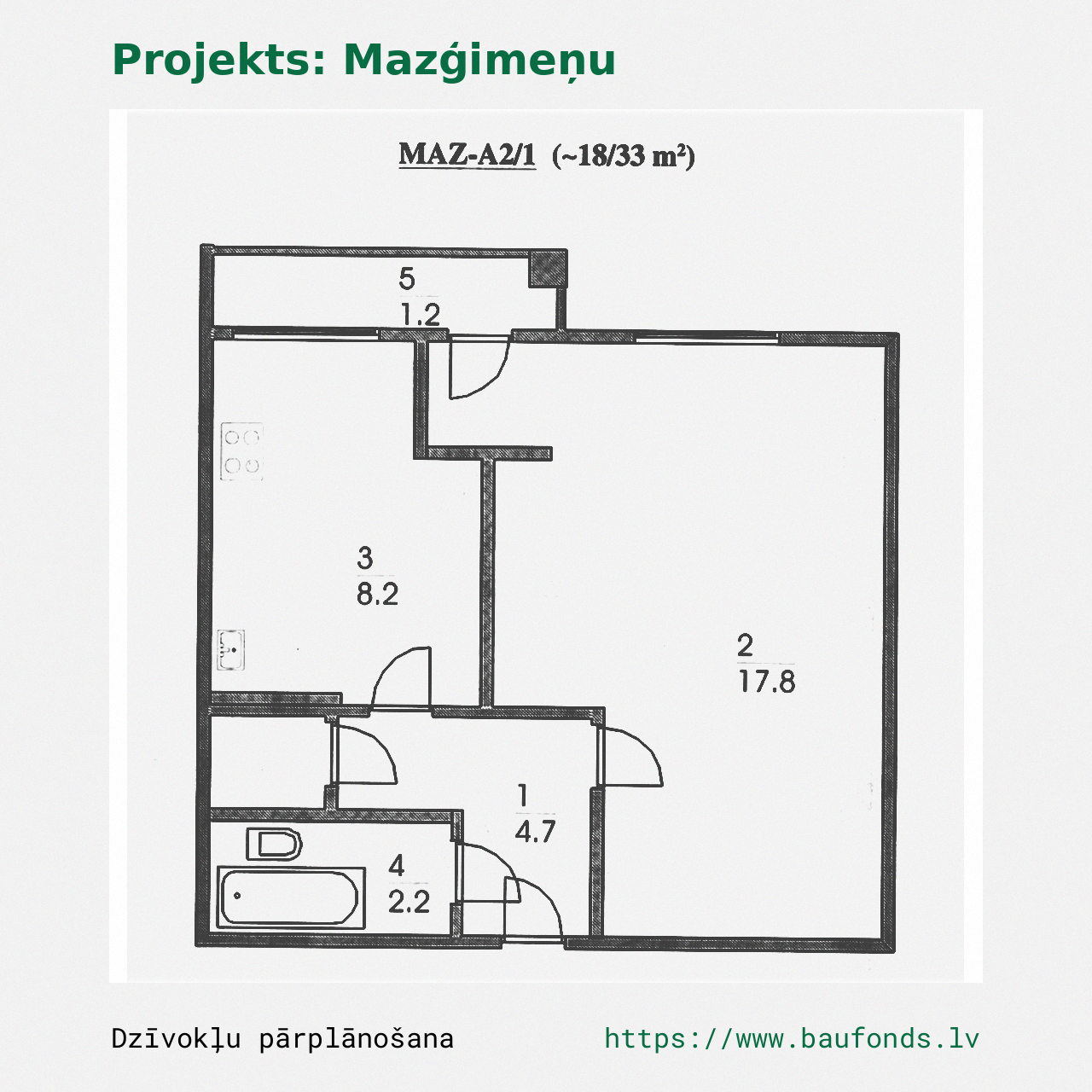 One-bedroom apartment, Small Family (MAZ-A2/1). Area 18-33 m² / A