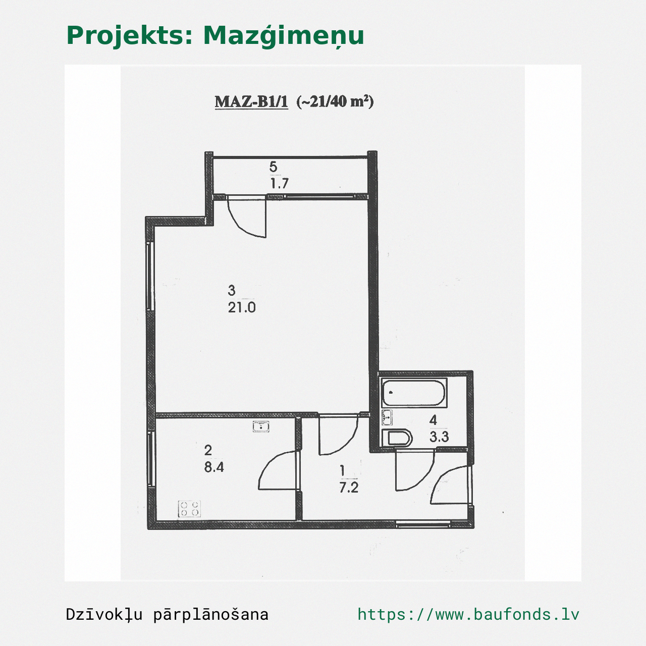 One-bedroom apartment, Small Family (MAZ-B1/1). Area 21-40 m² / A