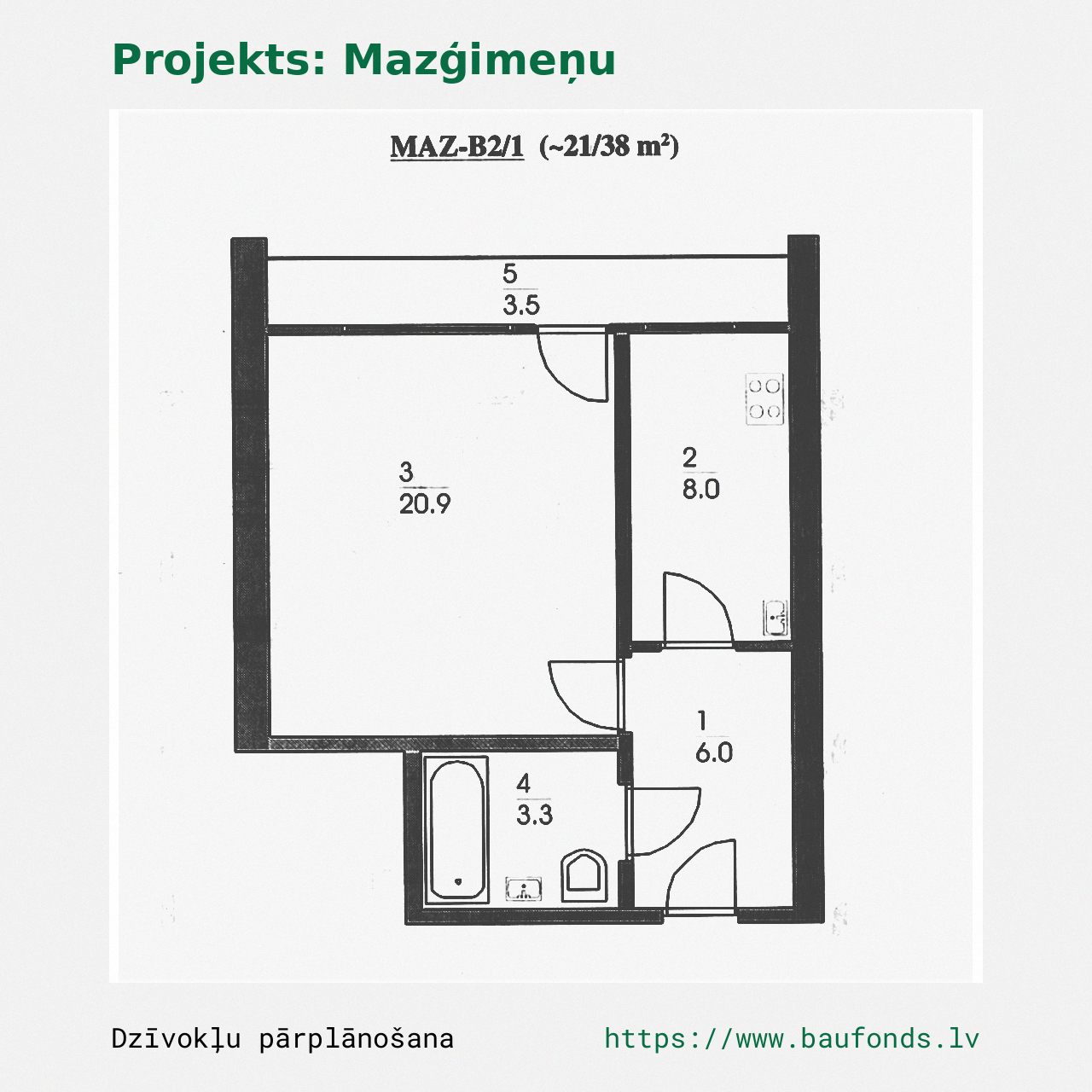 One-bedroom apartment, Small Family (MAZ-B2/1). Area 21-38 m² / A
