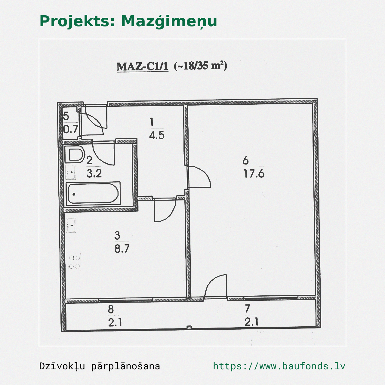 One-bedroom apartment, Small Family (MAZ-C1/1). Area 18-35 m² / A